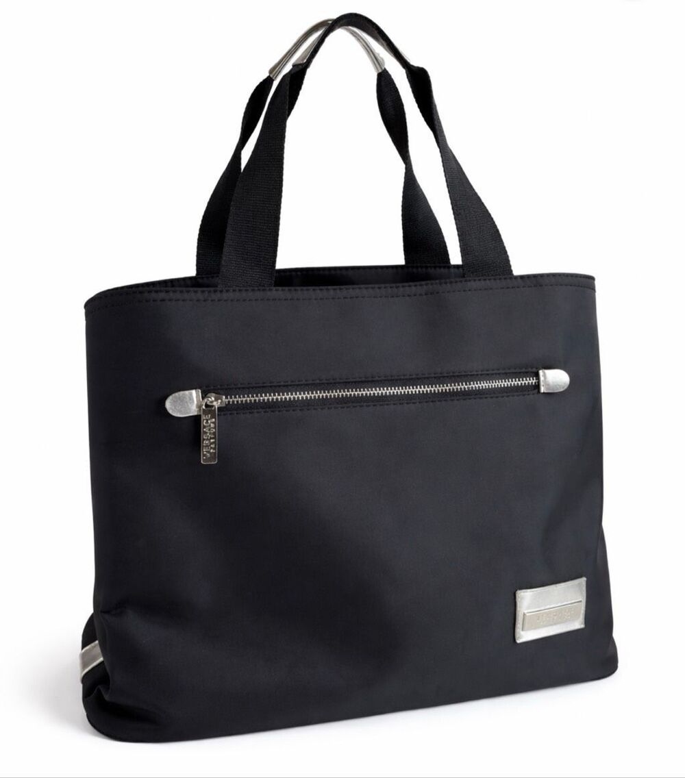 Versace Parfums Nylon Tote Bag Handbag Black Silver Accent Travel Carry On Basic